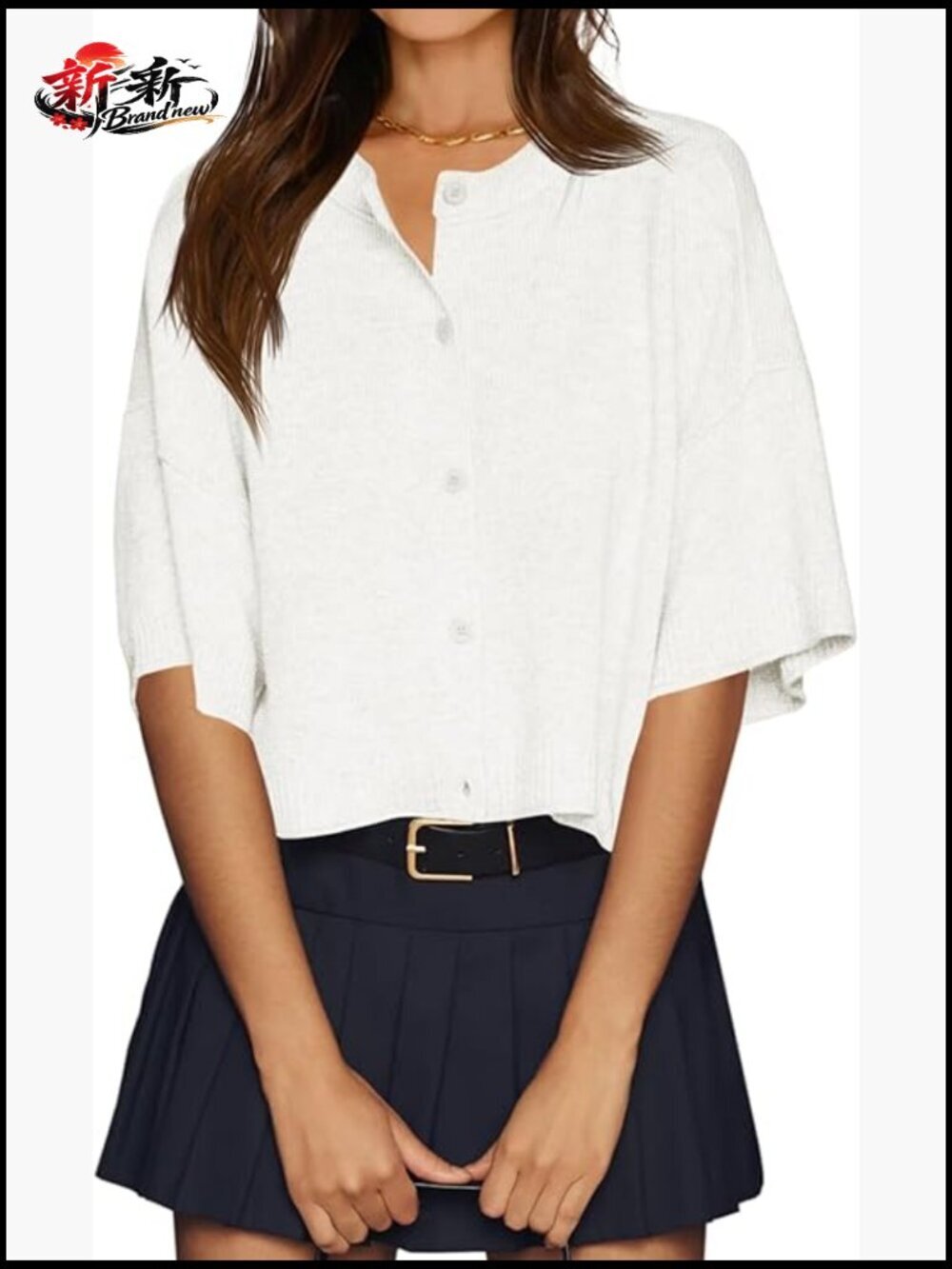 Oversized Cropped Half Sleeve Cardigan Button Down Lightweight Ribbed Knit
